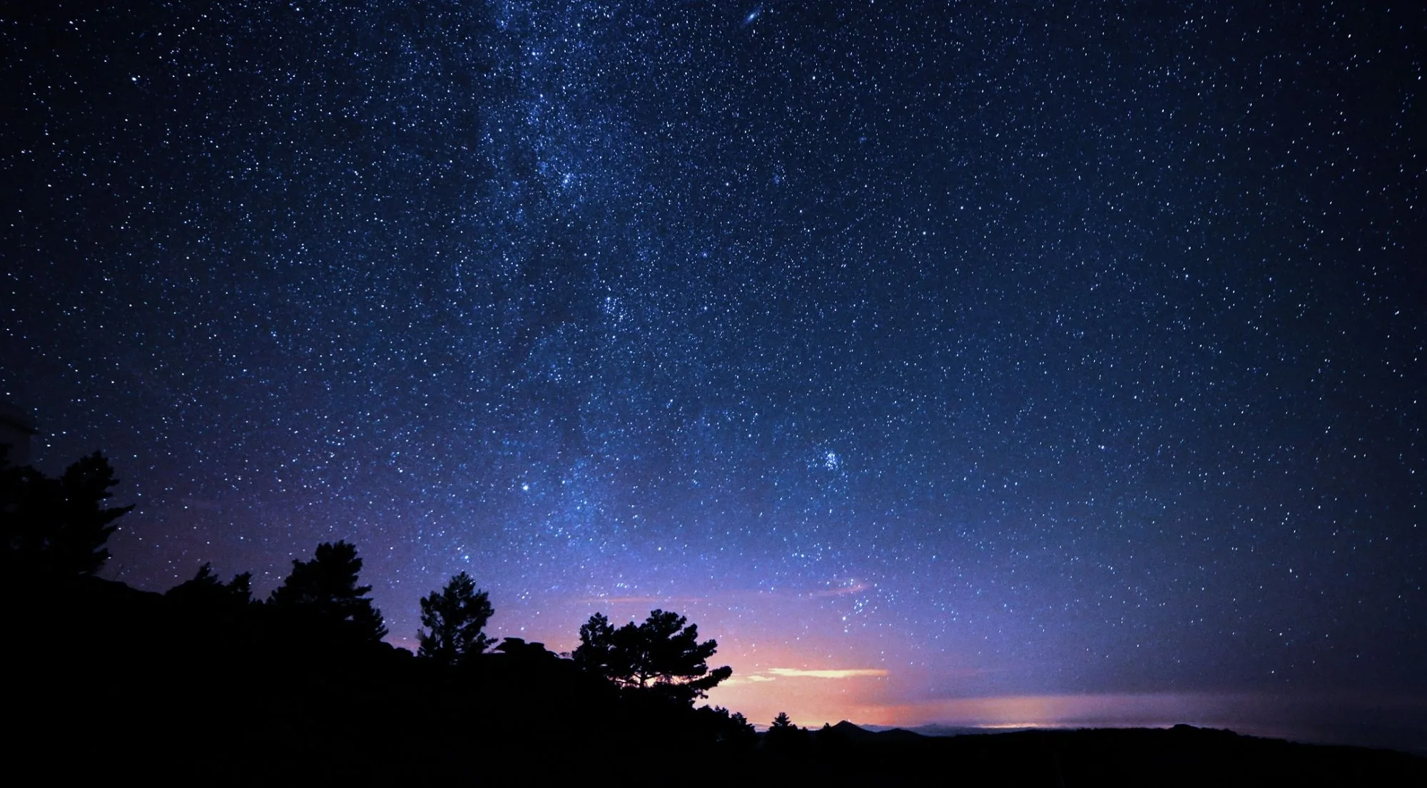 Milky Way rising over a silhouetted treeline near Lake Tekapo