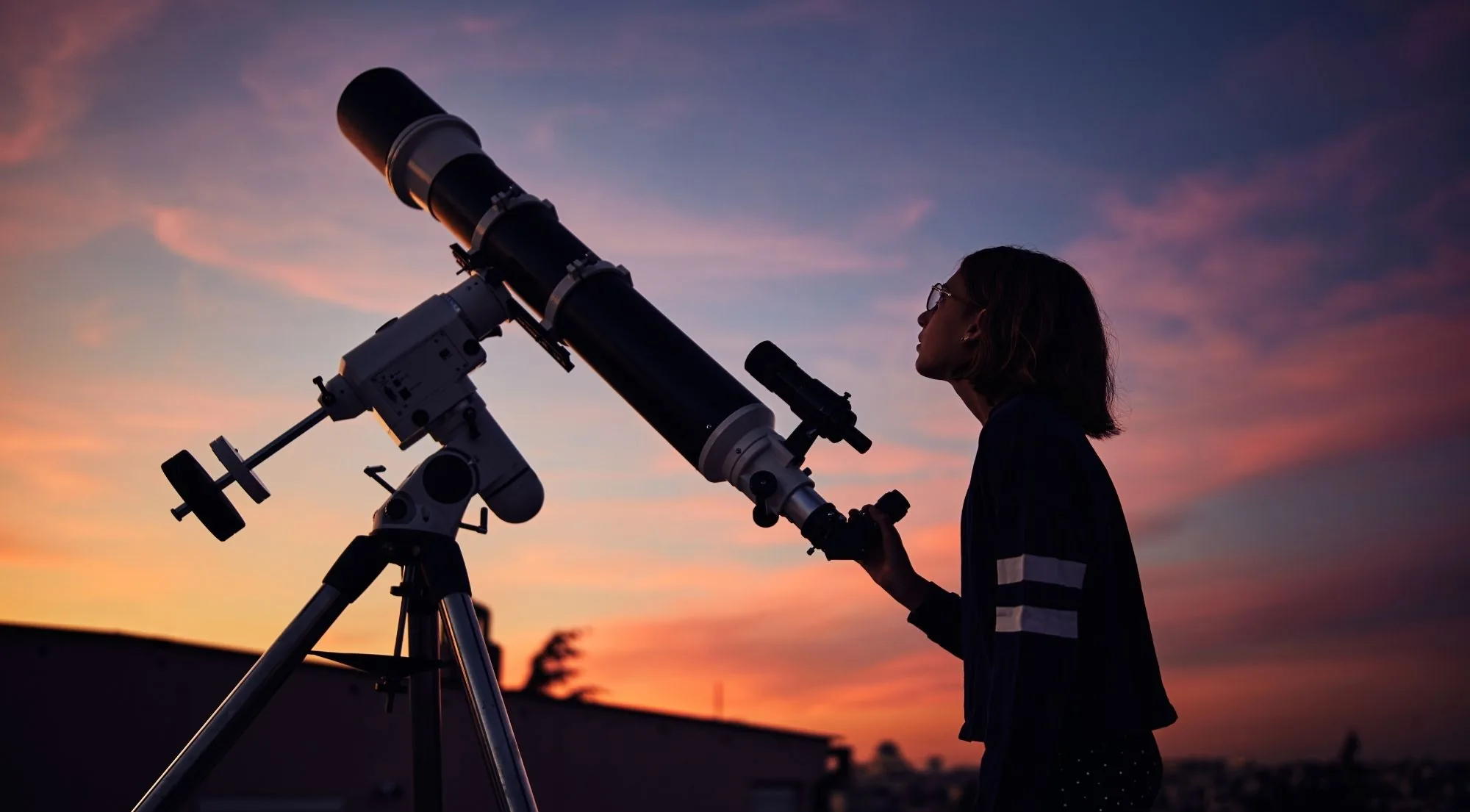 Stargazer looking through a telescope at twilight