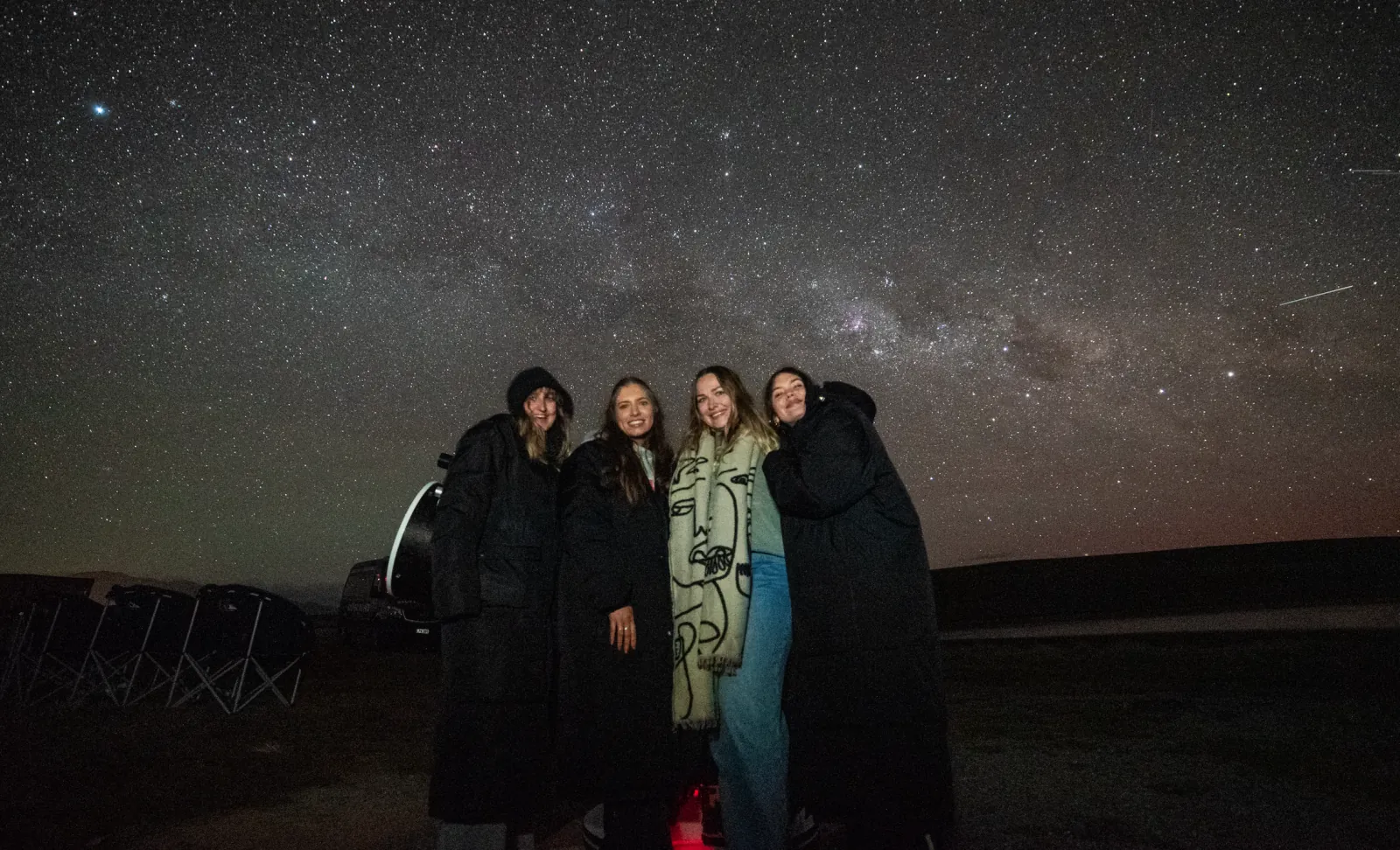 Small group wrapped in jackets under the stars on the Ultimate tour